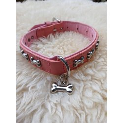 Kunstl�der pink halsb�nd m/bones